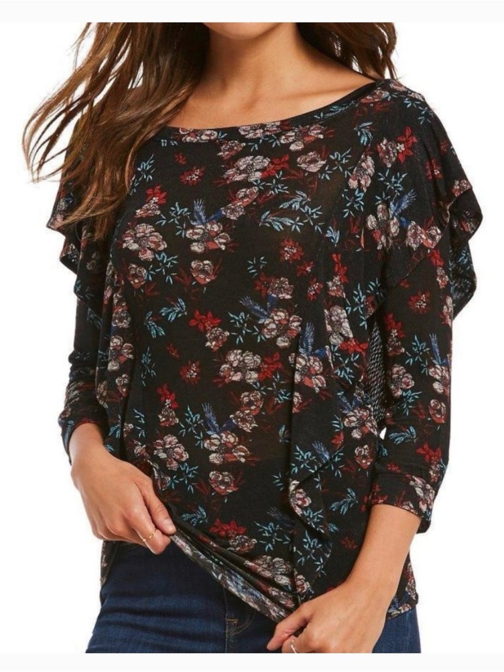 Free People Black Floral Long Sleeve Top